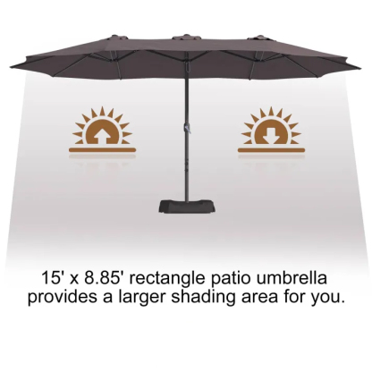 15ft Patio Steel Rectangular Double-Sided Market Umbrella With Base, Classic Design or Solar LED Lights Options,UV Sun Protection & Easy Crank for Deck Pool Patio.