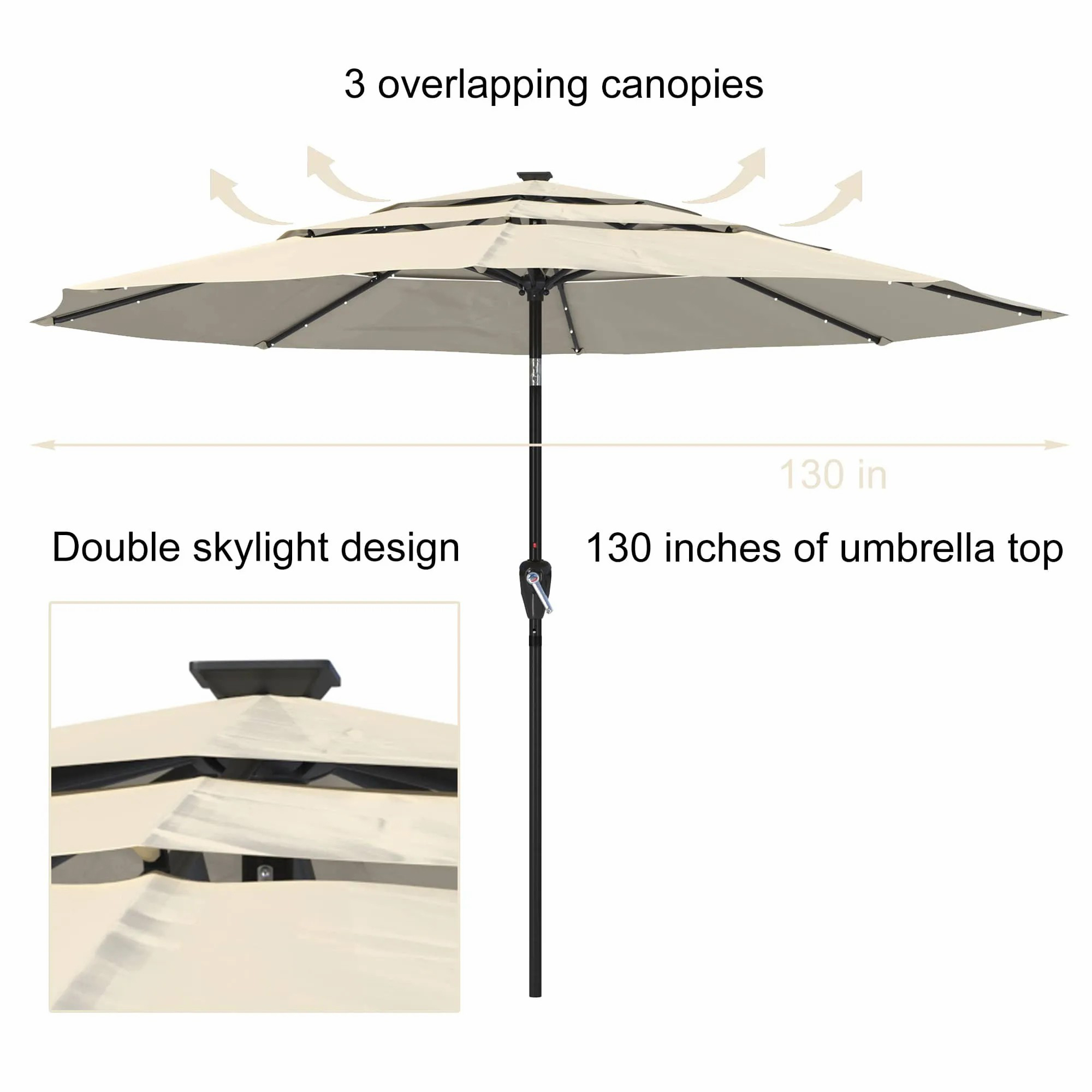 11 FT 3-Layer Aluminum Market Solar Tilt Patio Umbrella with 32-LED Light (without Base)