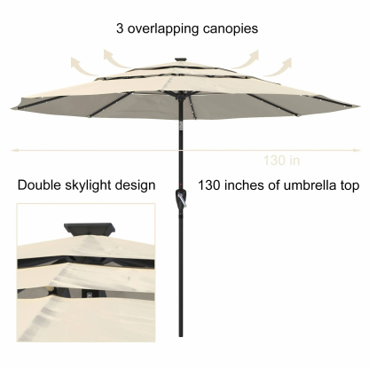 11 FT 3-Layer Aluminum Market Solar Tilt Patio Umbrella with 32-LED Light (without Base)