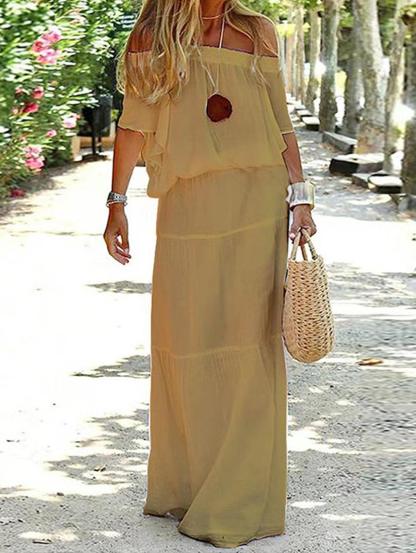 Solid Off Shoulder High Waist Long Maxi Dress
