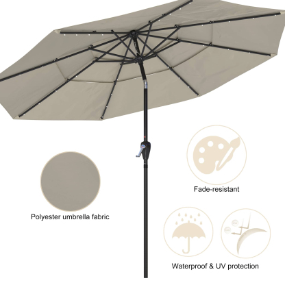 11 FT 3-Layer Aluminum Market Solar Tilt Patio Umbrella with 32-LED Light (without Base)