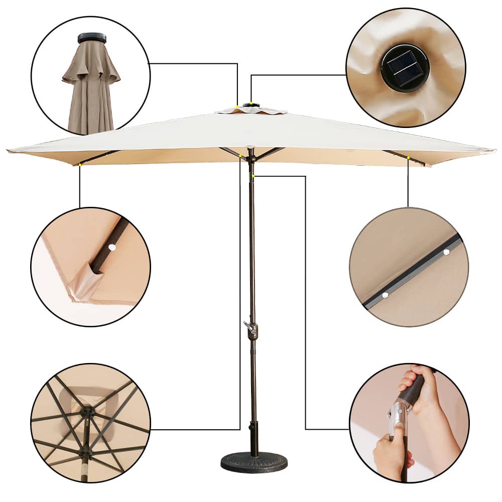 10Ft Outdoor Rectangular Umbrella with 26 Solar-Powered LED Lights, Crank and Tilt (Without Base)