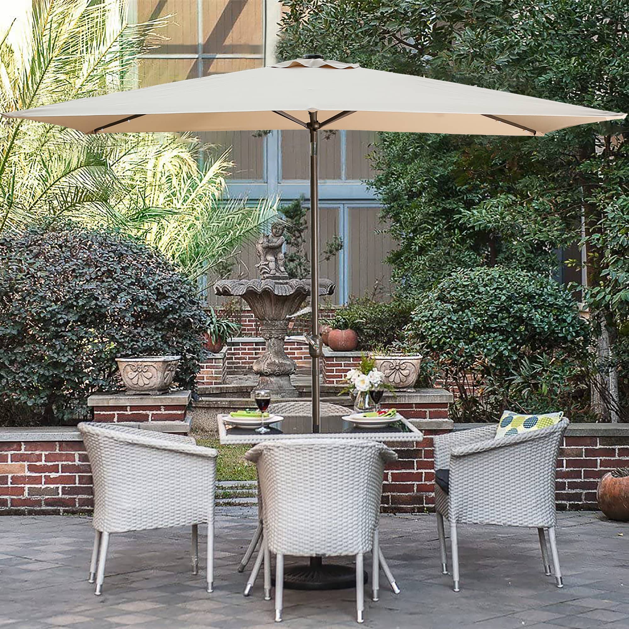 10Ft Outdoor Rectangular Umbrella with 26 Solar-Powered LED Lights, Crank and Tilt (Without Base)