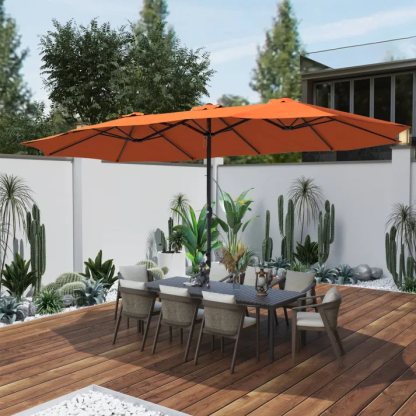 15ft Patio Steel Rectangular Double-Sided Market Umbrella With Base, Classic Design or Solar LED Lights Options,UV Sun Protection & Easy Crank for Deck Pool Patio.