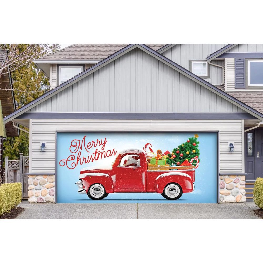 Red Truck Christmas-Christmas Garage Door Decor Mural for Single Car Garage