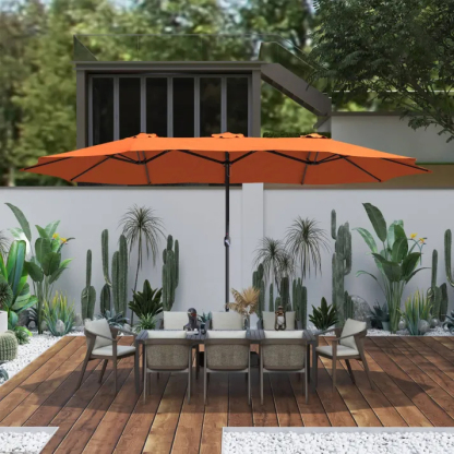 15ft Patio Steel Rectangular Double-Sided Market Umbrella With Base, Classic Design or Solar LED Lights Options,UV Sun Protection & Easy Crank for Deck Pool Patio.