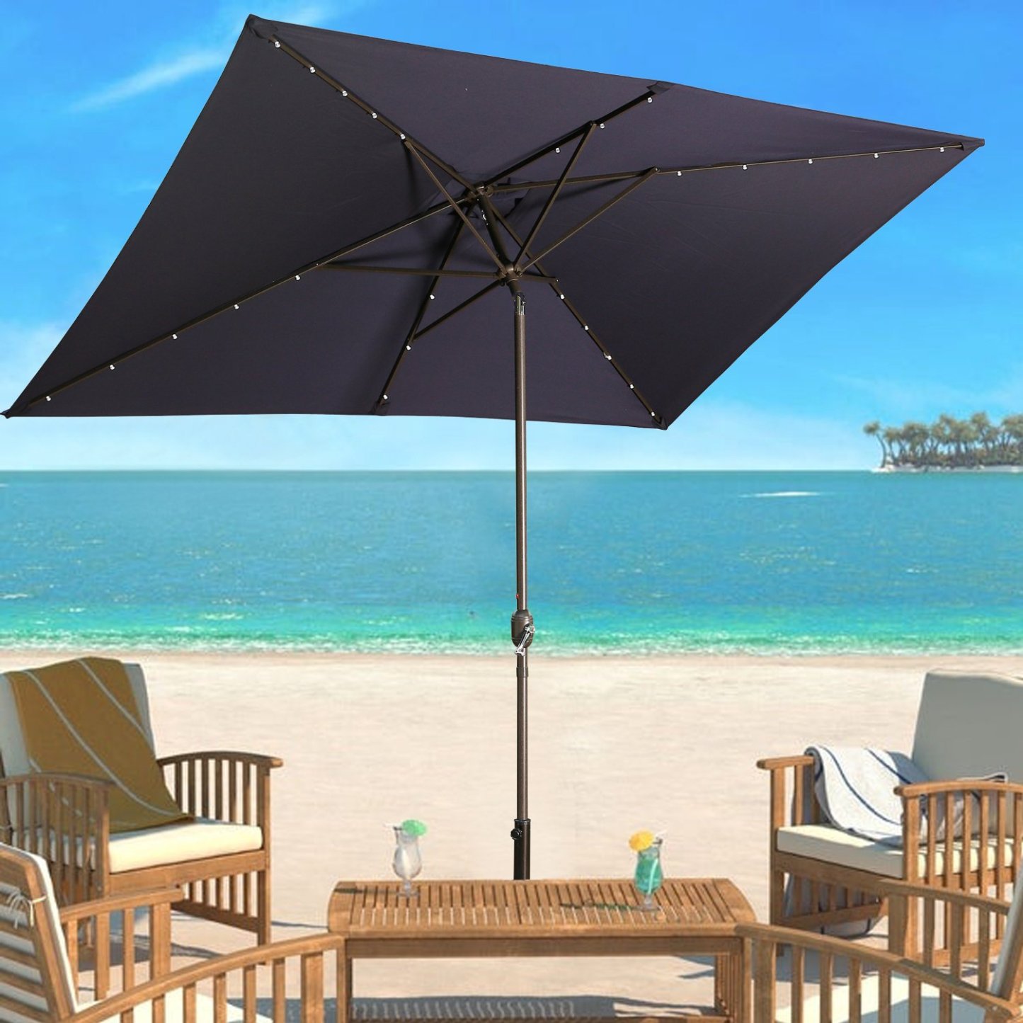 10Ft Outdoor Rectangular Umbrella with 26 Solar-Powered LED Lights, Crank and Tilt (Without Base)