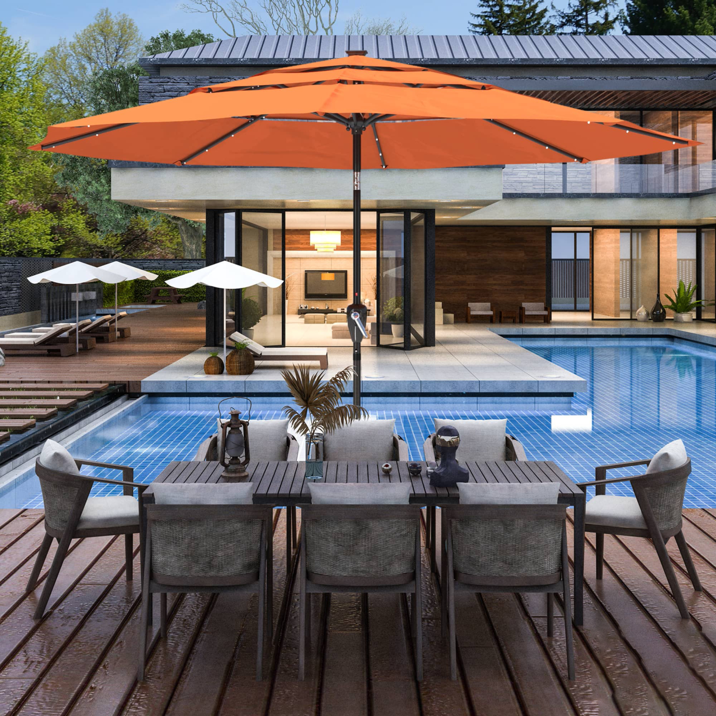 11 FT 3-Layer Aluminum Market Solar Tilt Patio Umbrella with 32-LED Light (without Base)