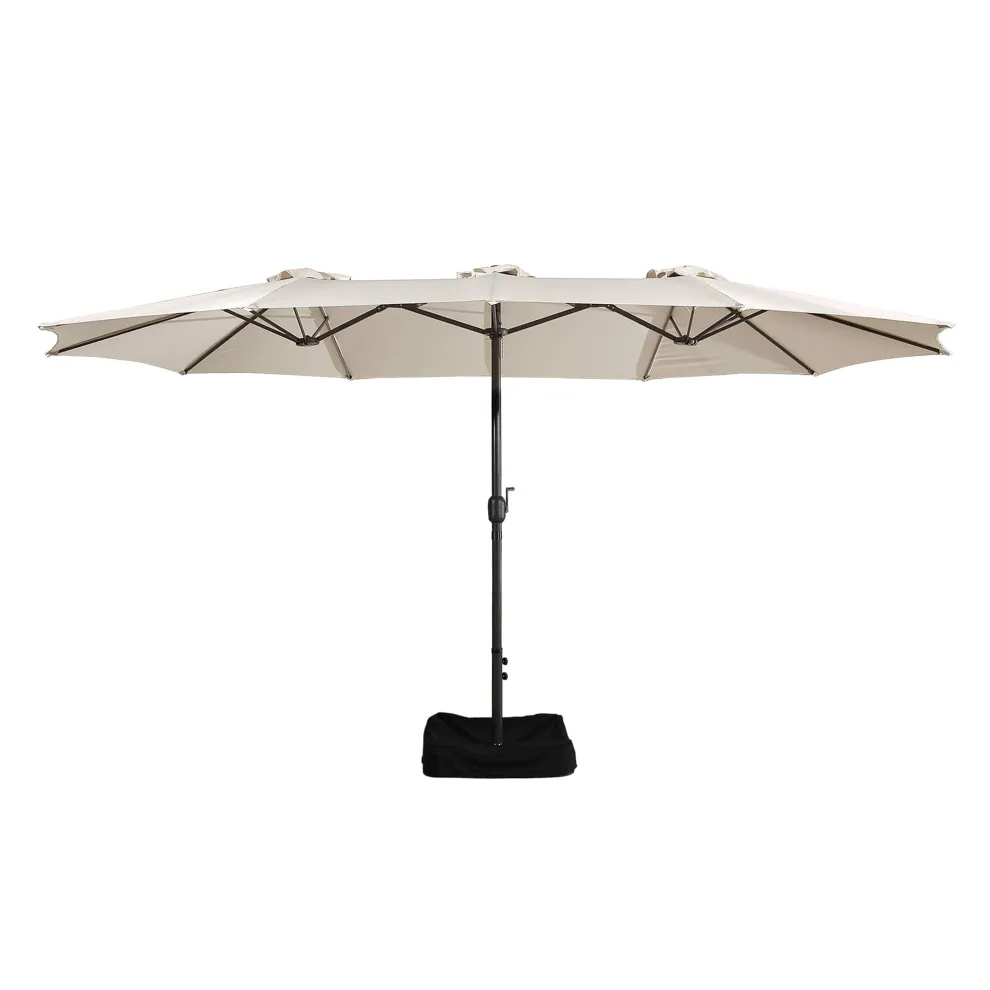 15ft Patio Steel Rectangular Double-Sided Market Umbrella With Base, Classic Design or Solar LED Lights Options,UV Sun Protection & Easy Crank for Deck Pool Patio.