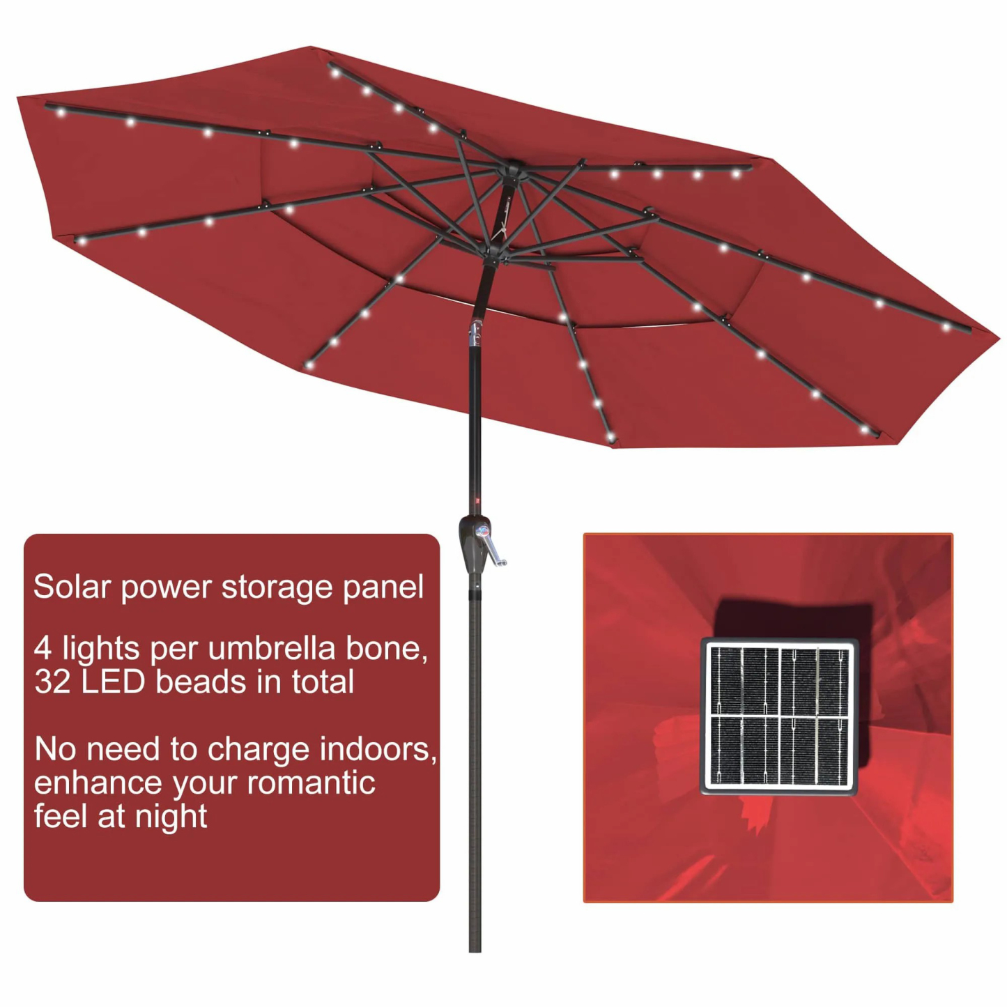 11 FT 3-Layer Aluminum Market Solar Tilt Patio Umbrella with 32-LED Light (without Base)