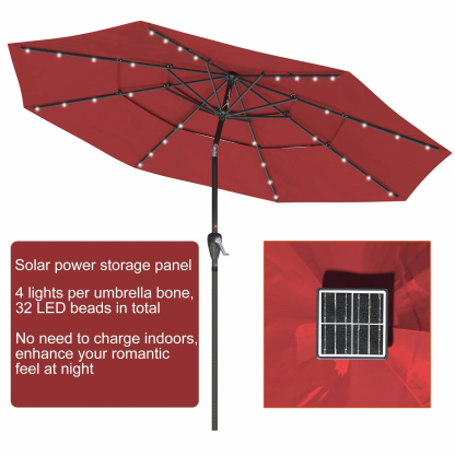11 FT 3-Layer Aluminum Market Solar Tilt Patio Umbrella with 32-LED Light (without Base)