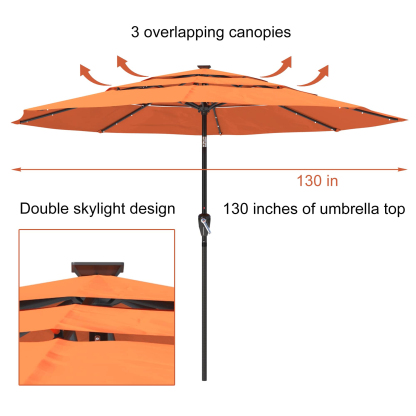 11 FT 3-Layer Aluminum Market Solar Tilt Patio Umbrella with 32-LED Light (without Base)