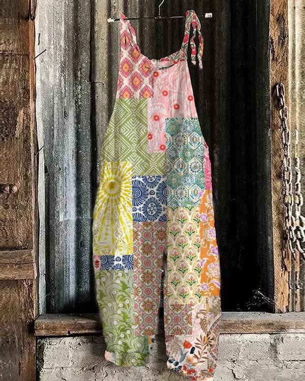 Retro Contrast Floral Bohemian Loose Jumpsuit