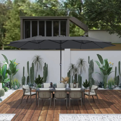 15ft Patio Steel Rectangular Double-Sided Market Umbrella With Base, Classic Design or Solar LED Lights Options,UV Sun Protection & Easy Crank for Deck Pool Patio.