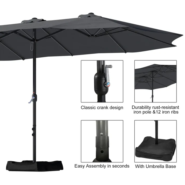 15ft Patio Steel Rectangular Double-Sided Market Umbrella With Base, Classic Design or Solar LED Lights Options,UV Sun Protection & Easy Crank for Deck Pool Patio.