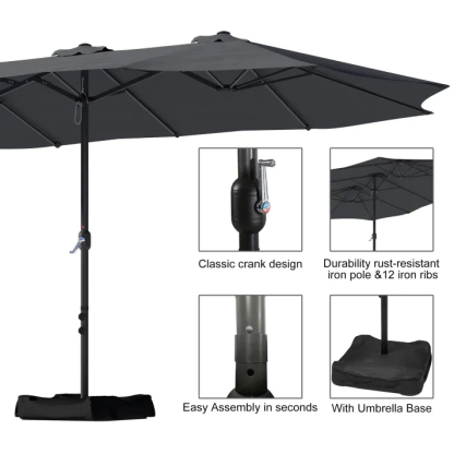 15ft Patio Steel Rectangular Double-Sided Market Umbrella With Base, Classic Design or Solar LED Lights Options,UV Sun Protection & Easy Crank for Deck Pool Patio.