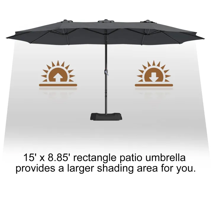 15ft Patio Steel Rectangular Double-Sided Market Umbrella With Base, Classic Design or Solar LED Lights Options,UV Sun Protection & Easy Crank for Deck Pool Patio.