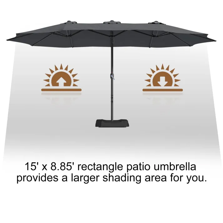 15ft Patio Steel Rectangular Double-Sided Market Umbrella With Base, Classic Design or Solar LED Lights Options,UV Sun Protection & Easy Crank for Deck Pool Patio.