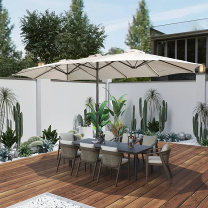 15ft Patio Steel Rectangular Double-Sided Market Umbrella With Base, Classic Design or Solar LED Lights Options,UV Sun Protection & Easy Crank for Deck Pool Patio.