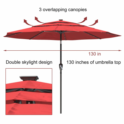 11 FT 3-Layer Aluminum Market Solar Tilt Patio Umbrella with 32-LED Light (without Base)