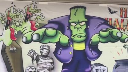 Spooky Graveyard Halloween Garage Door Banner Mural on a Full Moon Night