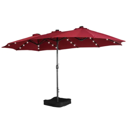 15ft Patio Steel Rectangular Double-Sided Market Umbrella With Base, Classic Design or Solar LED Lights Options,UV Sun Protection & Easy Crank for Deck Pool Patio.