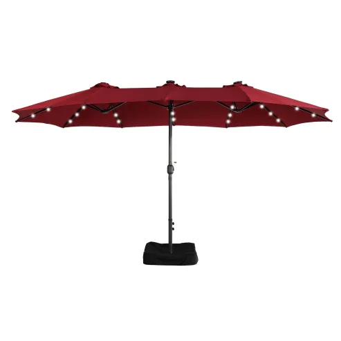 15ft Patio Steel Rectangular Double-Sided Market Umbrella With Base, Classic Design or Solar LED Lights Options,UV Sun Protection & Easy Crank for Deck Pool Patio.