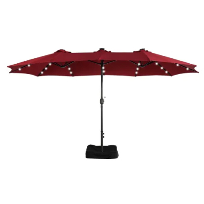 15ft Patio Steel Rectangular Double-Sided Market Umbrella With Base, Classic Design or Solar LED Lights Options,UV Sun Protection & Easy Crank for Deck Pool Patio.