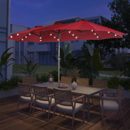 15ft Patio Steel Rectangular Double-Sided Market Umbrella With Base, Classic Design or Solar LED Lights Options,UV Sun Protection & Easy Crank for Deck Pool Patio.