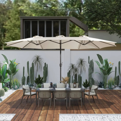 15ft Patio Steel Rectangular Double-Sided Market Umbrella With Base, Classic Design or Solar LED Lights Options,UV Sun Protection & Easy Crank for Deck Pool Patio.