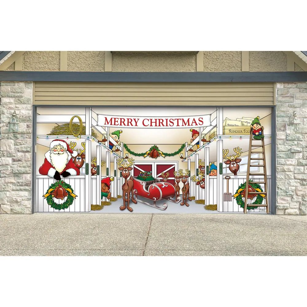 7 ft. x 16 ft. Huge Santa's Reindeer Barn Christmas Garage Door Decor Mural for Double Car Garage