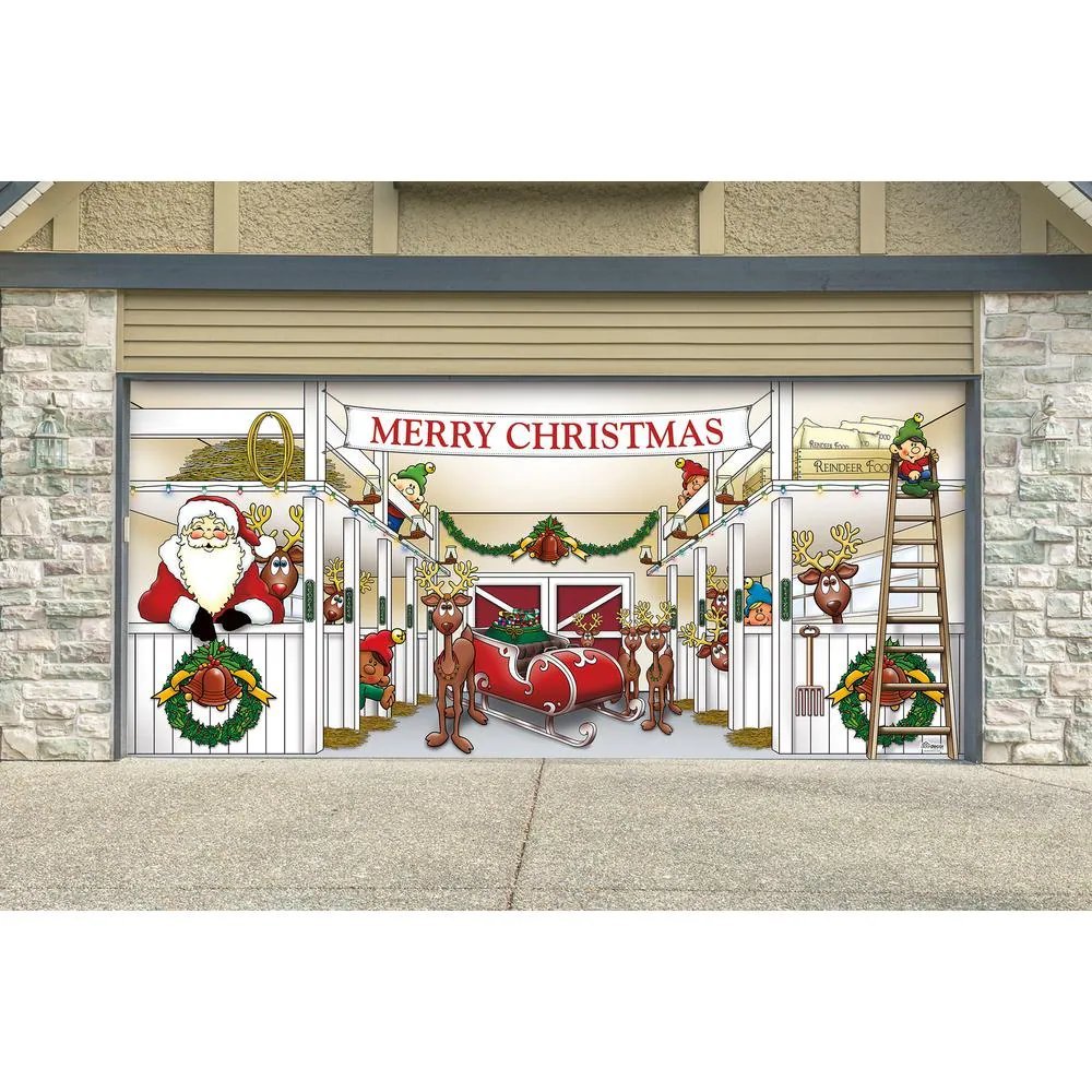 7 ft. x 16 ft. Huge Santa's Reindeer Barn Christmas Garage Door Decor Mural for Double Car Garage