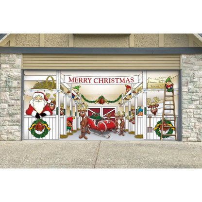 7 ft. x 16 ft. Huge Santa's Reindeer Barn Christmas Garage Door Decor Mural for Double Car Garage