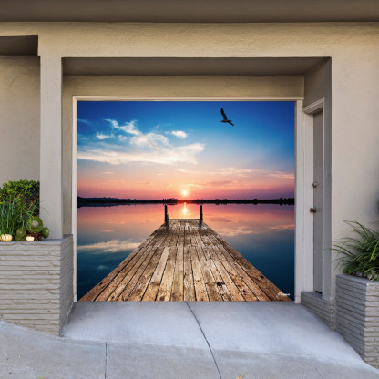 Blue and Brown Sunset Single Car Garage Door Banner