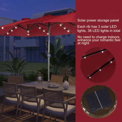 15ft Patio Steel Rectangular Double-Sided Market Umbrella With Base, Classic Design or Solar LED Lights Options,UV Sun Protection & Easy Crank for Deck Pool Patio.
