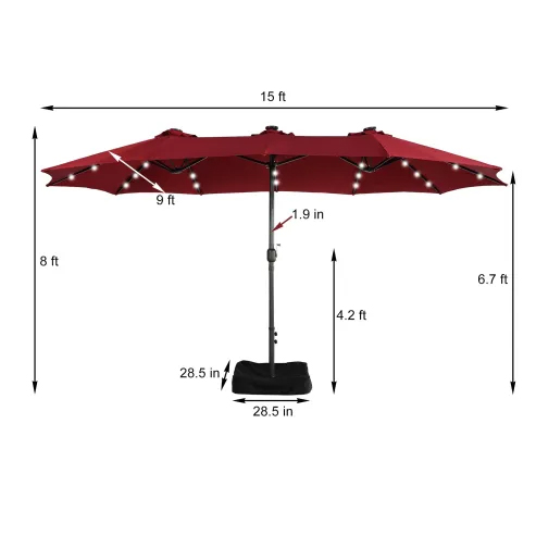 15ft Patio Steel Rectangular Double-Sided Market Umbrella With Base, Classic Design or Solar LED Lights Options,UV Sun Protection & Easy Crank for Deck Pool Patio.