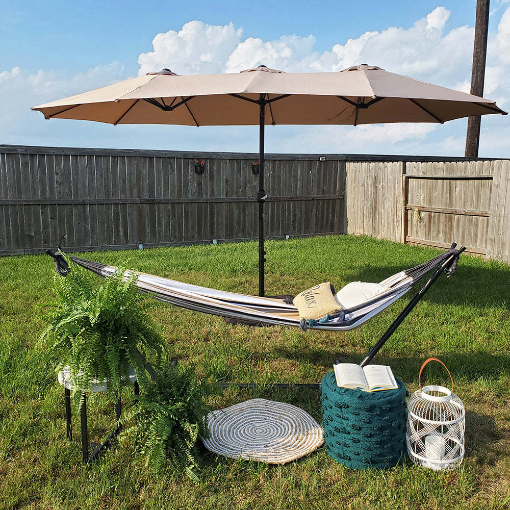 15ft Patio Steel Rectangular Double-Sided Market Umbrella With Base, Classic Design or Solar LED Lights Options,UV Sun Protection & Easy Crank for Deck Pool Patio.