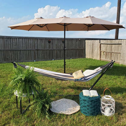 15ft Patio Steel Rectangular Double-Sided Market Umbrella With Base, Classic Design or Solar LED Lights Options,UV Sun Protection & Easy Crank for Deck Pool Patio.