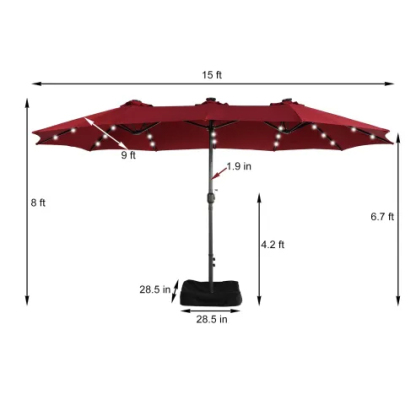 15ft Patio Steel Rectangular Double-Sided Market Umbrella With Base, Classic Design or Solar LED Lights Options,UV Sun Protection & Easy Crank for Deck Pool Patio.