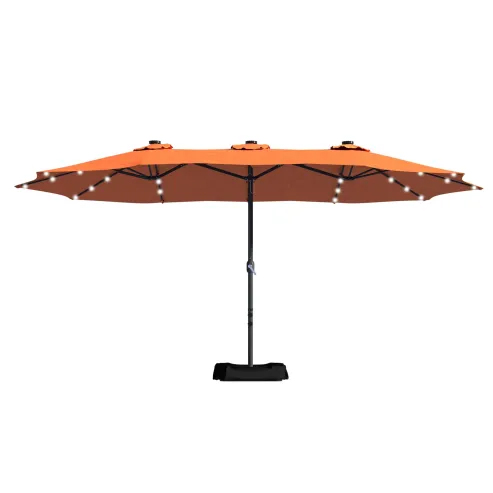 15ft Patio Steel Rectangular Double-Sided Market Umbrella With Base, Classic Design or Solar LED Lights Options,UV Sun Protection & Easy Crank for Deck Pool Patio.