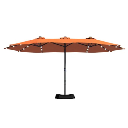 15ft Patio Steel Rectangular Double-Sided Market Umbrella With Base, Classic Design or Solar LED Lights Options,UV Sun Protection & Easy Crank for Deck Pool Patio.