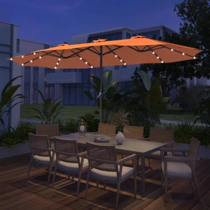15ft Patio Steel Rectangular Double-Sided Market Umbrella With Base, Classic Design or Solar LED Lights Options,UV Sun Protection & Easy Crank for Deck Pool Patio.