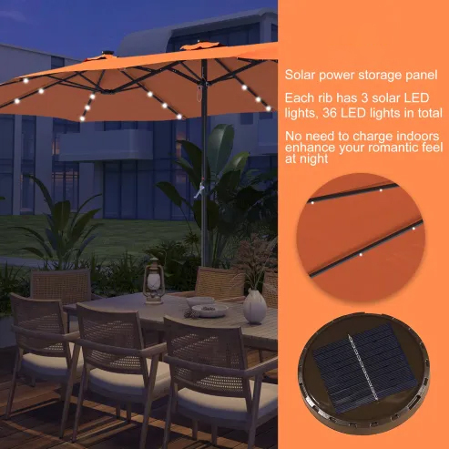 15ft Patio Steel Rectangular Double-Sided Market Umbrella With Base, Classic Design or Solar LED Lights Options,UV Sun Protection & Easy Crank for Deck Pool Patio.