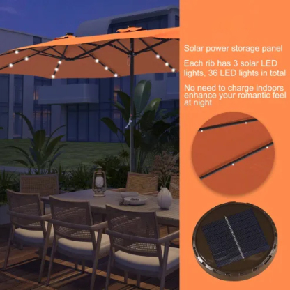 15ft Patio Steel Rectangular Double-Sided Market Umbrella With Base, Classic Design or Solar LED Lights Options,UV Sun Protection & Easy Crank for Deck Pool Patio.
