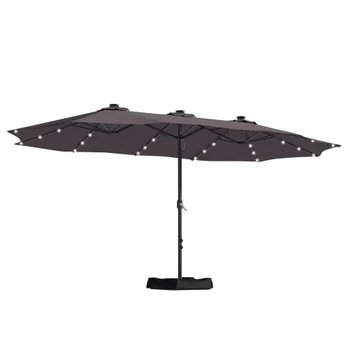 15ft Patio Steel Rectangular Double-Sided Market Umbrella With Base, Classic Design or Solar LED Lights Options,UV Sun Protection & Easy Crank for Deck Pool Patio.