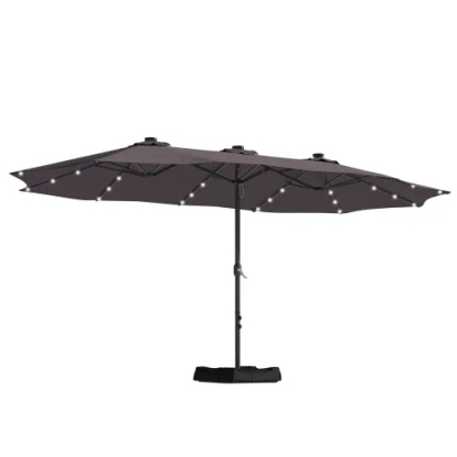 15ft Patio Steel Rectangular Double-Sided Market Umbrella With Base, Classic Design or Solar LED Lights Options,UV Sun Protection & Easy Crank for Deck Pool Patio.