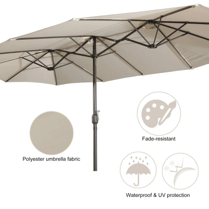 15ft Patio Steel Rectangular Double-Sided Market Umbrella With Base, Classic Design or Solar LED Lights Options,UV Sun Protection & Easy Crank for Deck Pool Patio.