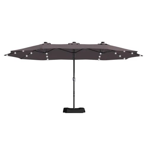 15ft Patio Steel Rectangular Double-Sided Market Umbrella With Base, Classic Design or Solar LED Lights Options,UV Sun Protection & Easy Crank for Deck Pool Patio.