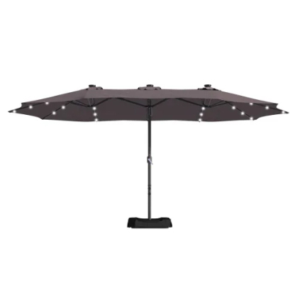 15ft Patio Steel Rectangular Double-Sided Market Umbrella With Base, Classic Design or Solar LED Lights Options,UV Sun Protection & Easy Crank for Deck Pool Patio.