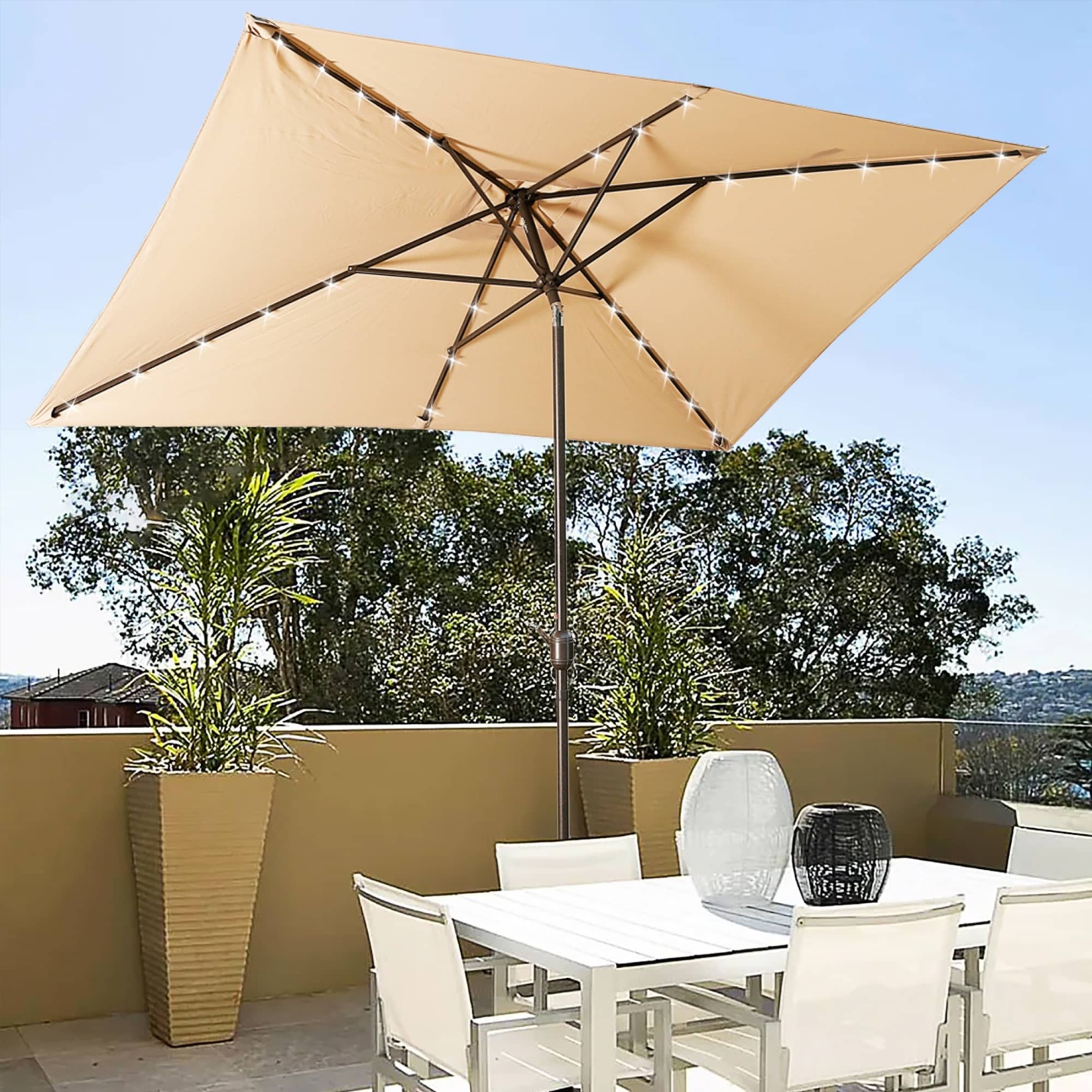 10Ft Outdoor Rectangular Umbrella with 26 Solar-Powered LED Lights, Crank and Tilt (Without Base)